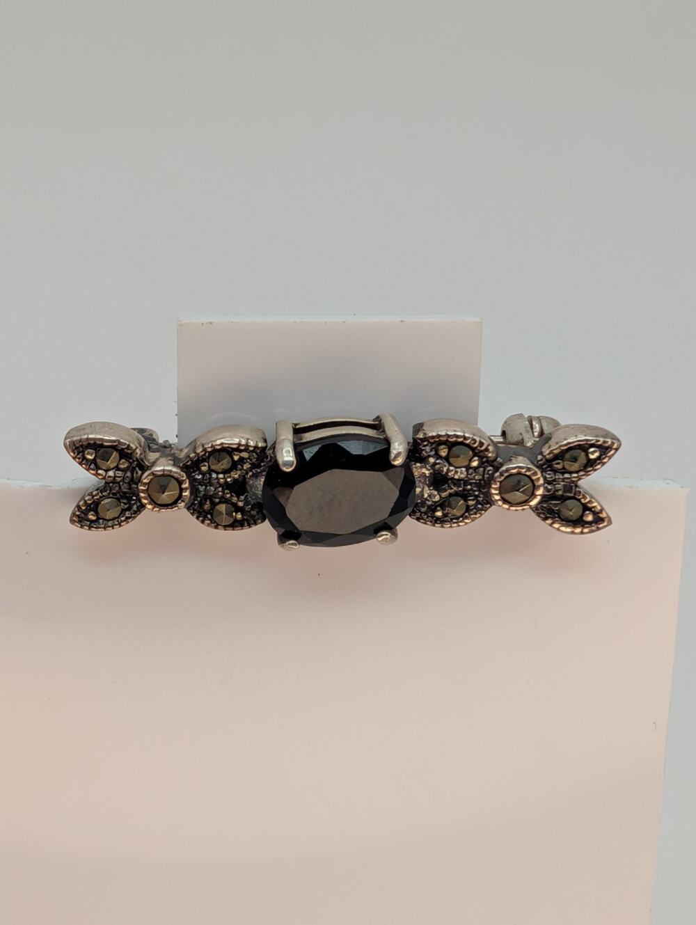 Vintage Art Deco Sterling Silver 925 Bar Brooch Pin With Onyx And Marcasite